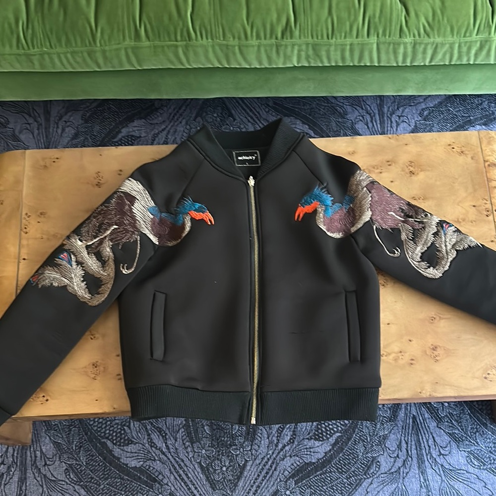 Black Bomber Jacket with Colorful Bird Embroidery